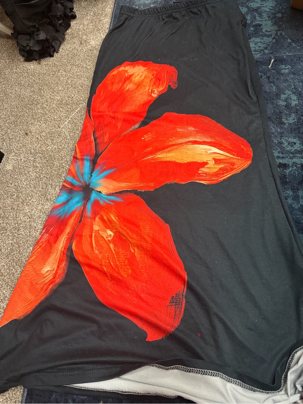 SHEIN Black Maxi Skirt with Bold Red Flower and Turquoise Center